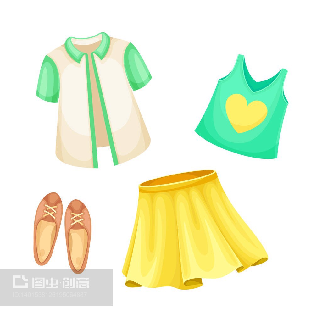 女孩套裝的夏季服裝。襯衫,背心,裙子和芭蕾舞鞋卡通矢量插圖
